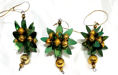 #ad Vintage Green and Gold Christmas Ornaments Nostalgic Set of 3