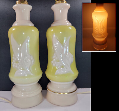 #ad Pair Vintage Aladdin Alacite Electric Table Night Lamps Lillies On Green Yellow