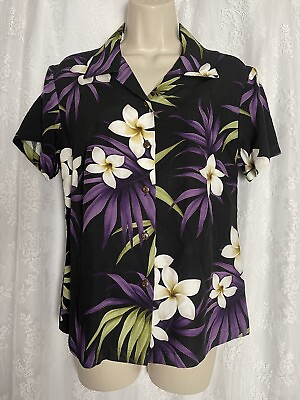 #ad Aloha Moi Shirt Tropical Print Black Purple White Floral Button Front S