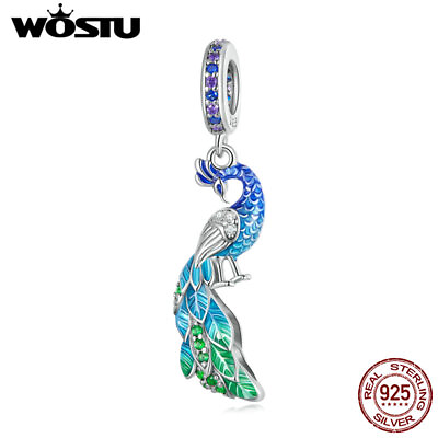 #ad Wostu 925 Sterling Silver Purple Peacock Bracelet Charm Bead Necklace Pendant