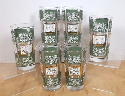 #ad Vintage Libbey Glass Tumblers Set of 6 White Green Gold Floral 12 oz