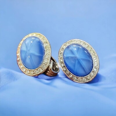 #ad Vintage Sky Saphire Blue Star Glass Cabochon Earrings Clear Classic Rhinestones