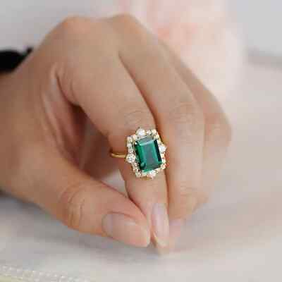 #ad 2Ct Emerald Lab Created Emerald Halo Unique Wedding Ring 14KYellow Gold Plated