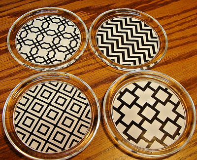 #ad Set 4 Glass 4quot; Drink Coasters w Black Geometric Patterns Decor Barware S18