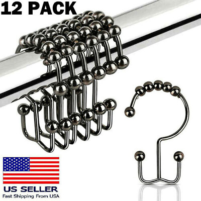 #ad 12 Pack Metal Shower Curtain HOOKS RINGS Double Glide Roller Set for Bathroom