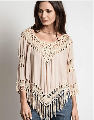 #ad Bohemian Boho Shirt Tunic Plus Size Womens Crochet Fringe Top V Neck 3 4 Sleeve