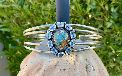#ad Boulder Turquoise And Aquamarine Topaz 925 Silver Large Cuff 36g