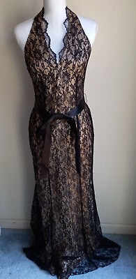 #ad Women#x27;s Roberta Black Lace Beige Lining Long Evening Gown Dress Size 9 10