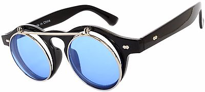 #ad Flip Up C1 Gothic Retro Round Circle Plastic Sunglasses Black Frame Blue Lens