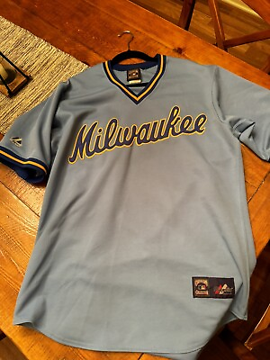 #ad Vintage Majestic Cooperstown Collection Milwaukee Brewers Jersey L