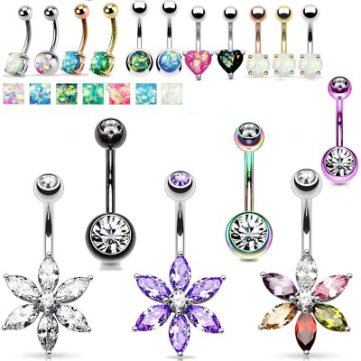 #ad 14G Solitaire gem Belly Button Navel Ring Surgical Steel Barbell Stud Piercing