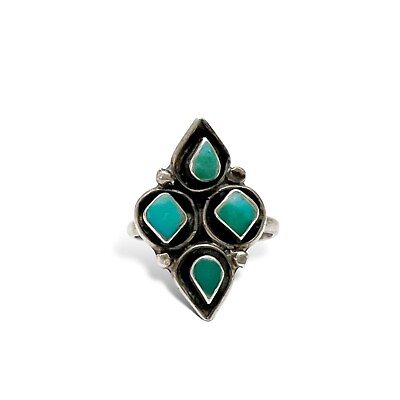 #ad Vintage Navajo Shadowbox Sterling Turquoise Ring Size 6