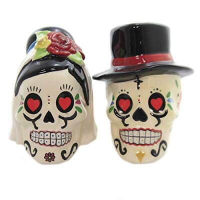 #ad Day of the Dead Bride and Groom Skulls Ceramic Salt and Pepper Shakers