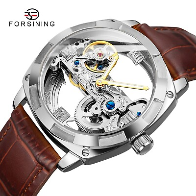 #ad Forsining Mens Skeleton Mechanical Waterproof Luxury Watch Leather Hollow $60.00