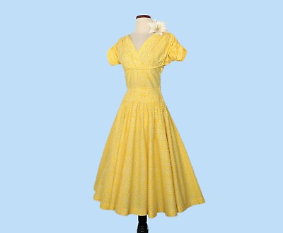 #ad Vintage 1950s Yellow Cotton Sundress Vintage 50s Full Skirt Day Dress
