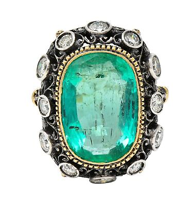 #ad Buccellati 8.48 CTW Emerald Diamond 18 Karat Gold Silver Foliate Vintage Ring