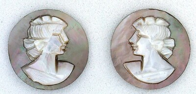 #ad One Pair Vintage Italian Hand Carved 15.1mm To 15.4mm Round Shell Cameo C22