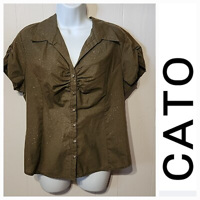 #ad Cato Cap Button Front Top Large Sleeve Ruched Olive Green Silver Flecks A322