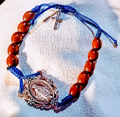 #ad Rosary Bracelet Wooden Bead Miraculous Medal Adjustable 7quot; 9quot; Dia.