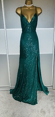 #ad Elegant Green Evening Sequin Wedding Party Cruise Prom Maxi Dress Sz 12 14