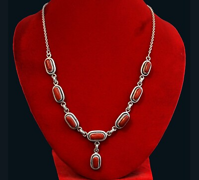 #ad 925 Sterling Silver Handmade Oval Red Coral Stone Pendant Tibetan Chain Necklace