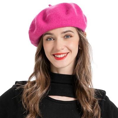 #ad ZLYC Wool French Beret Hat Solid Color Cap for Women One Size Hot Pink