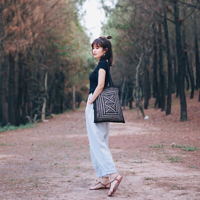 #ad Cotton Shoulder Bag Ethnic Handbag Japanese Canvas Shopping Casual Black Fashion
