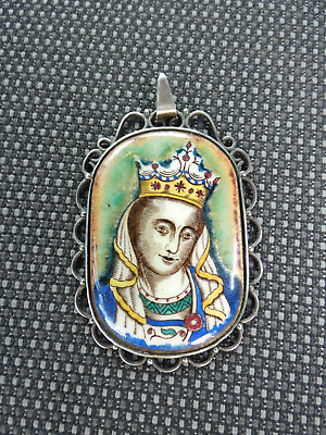 #ad Antique Pendant Religious madonna enamel on copper silver frame rare