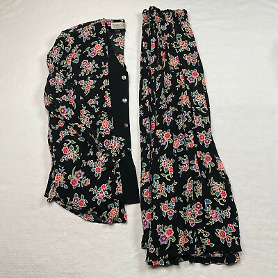 #ad Karen Scott Womens Set sz S Black Floral Button Up Elastic Waist Skirt Vintage