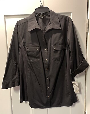 #ad Zac and Rachel Black Button Down Woman’s Shirt Knit Sides 3 4 Sleeves Size 2x