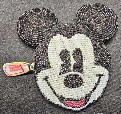 #ad Vintage Beaded Mickey Mouse Change Purse Zipper closure Black Nylon Lining Back
