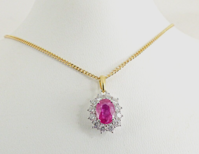 #ad 18ct Gold Ruby Diamond Pendant amp; 20#x27;#x27; 9ct Chain Natural Hallmarked with Gift Box