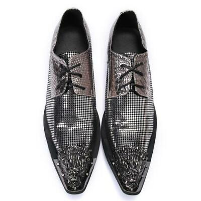 #ad Men#x27;s Fashion Metal Head Pointy Toe Lace Up Leather Shoes Party Shine Dress Shoe $74.63