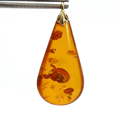 #ad 14K Gold Genuine Baltic Amber Long Teardrop Charm Pendant $269.00