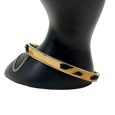 #ad Vintage Gold Tone Beige Pony Hair Hinged Bangle Bracelet Safety Chain