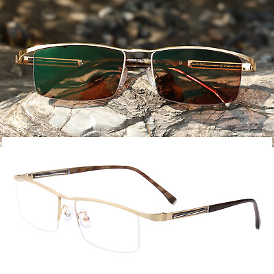 #ad Men Transition Photochromic Brown Reading Glasses Half Rimless Sunglasses UV400 $35.95