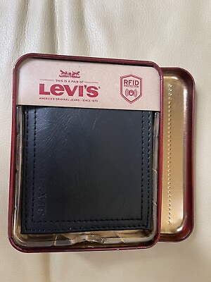 #ad Levi’s Men’s Black Leather Wallet RFID Protection NWT and Box