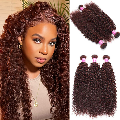 #ad Peruvian Reddish Brown Curly 3 Bundles Human Hair Weaves Cooper Red Extension US