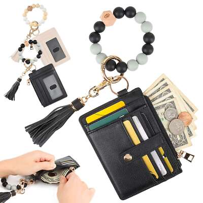 #ad Women Wristlet Bracelet Keychain Wallet Silicone Beaded Bangle Keyring Tassel