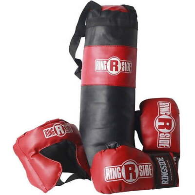 #ad Kids Boxing Set with Mini Heavy Bag Gloves and Headgear Black