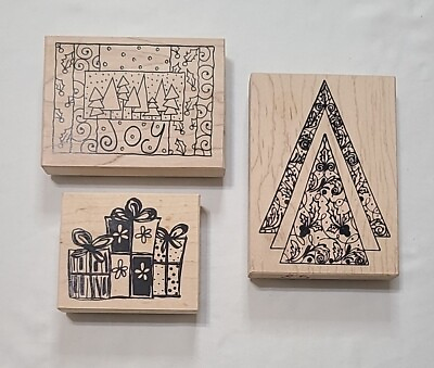 #ad The Artful Stamper Wood Mounted Rubber Stamps Christmas Themed Lot Of 3