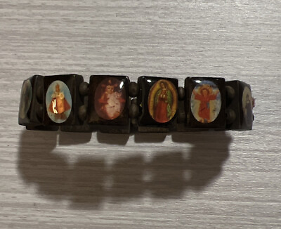 #ad Bracelet Wooden Sectional Stretch Religious Icon Pictoral
