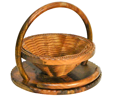 #ad Vintage Collapsible Basket Trivet Wood Flower Design