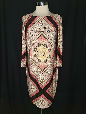 #ad CAROLE LITTLE Size 14 Shift Dress Brown Pink Gold Floral 3 4 Sleeve Stretch