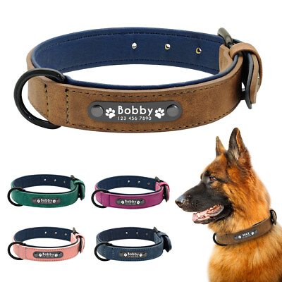 #ad Soft Leather Personalized Dog Collar with Custom Engraved Name ID Tag Paw Print