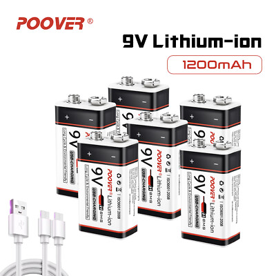 #ad USB 9V 2 4Pack 1200mA Battery 9 Volt PP3 Block Li ion Rechargeable Batteries