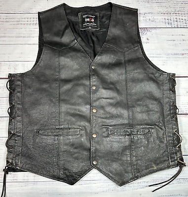 #ad Defy Leather Mens Leather Biker Vest XL Black Snap Up Laced Sides Conceal Pocket