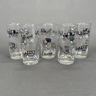 #ad Vintage Libbey Glass 5.5quot; Tumblers Glasses Horse Carriages Set of 5 Black Gold