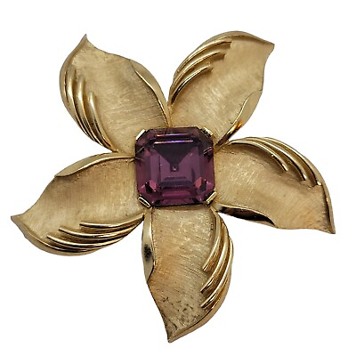 #ad Crown Trifari Purple Rhinestone Gold Brushed Flower Brooch