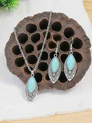 #ad Vintage Turquoise Decor Leaf Pendant Necklace amp; Drop Earrings set